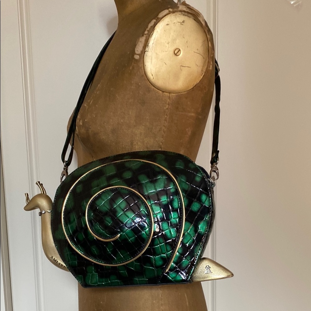 Stylish Snail Crossbody Bag in Green Black and Gold.